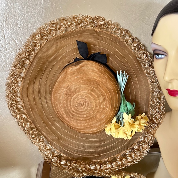 LOVELY LATE 1920s\' GOLD SHEER FABRIC WIDE BRIM HAT + DETAILED EDGING  ON BRIM main image 10